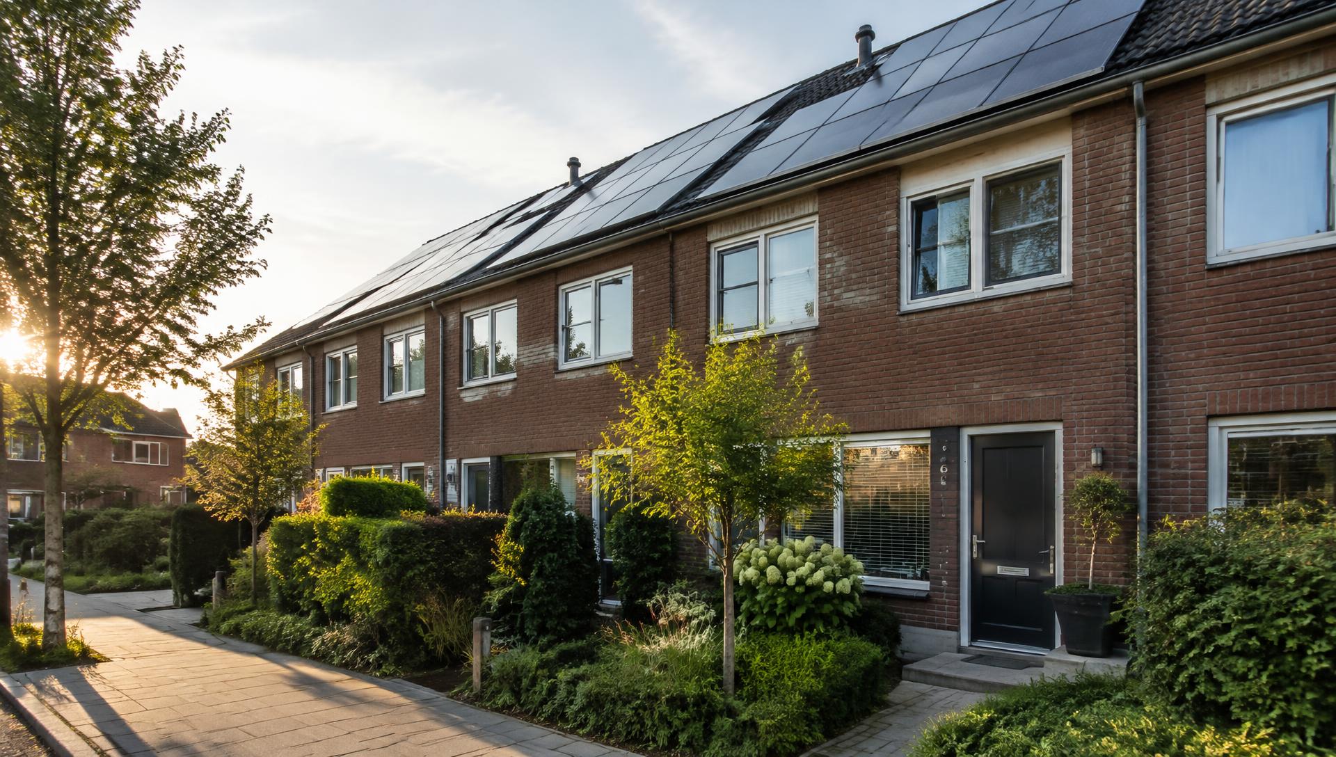 Moderne Nederlandse rijwoningen met zonnepanelen en een groene voortuin