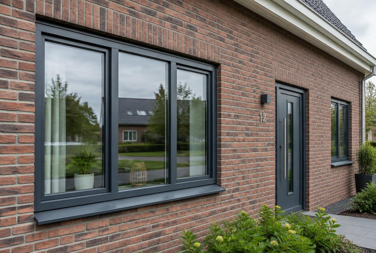 Moderne antraciet kozijnen met isolerend glas in een bakstenen gevel