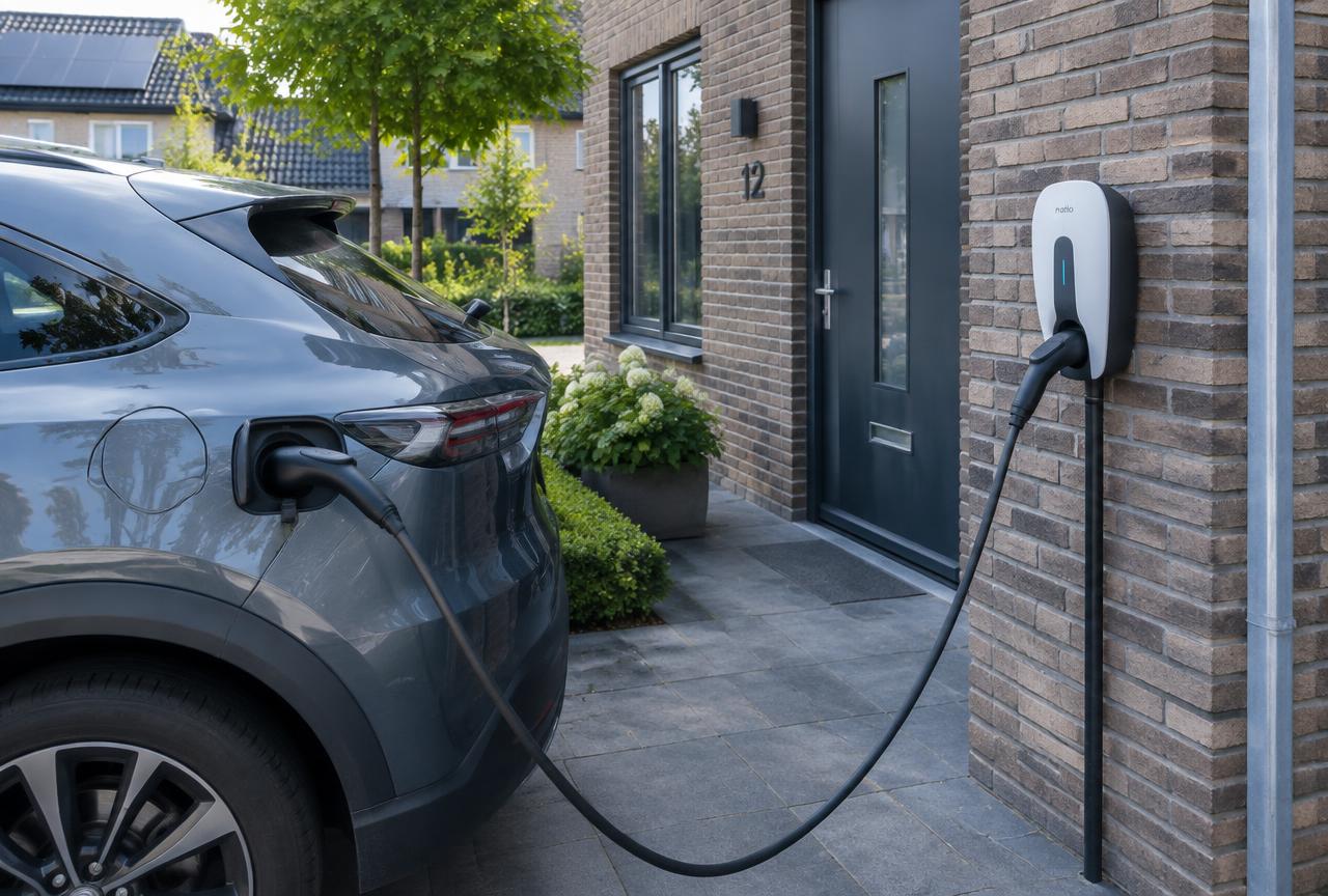 Elektrische auto die oplaadt aan een laadpaal bij een woning