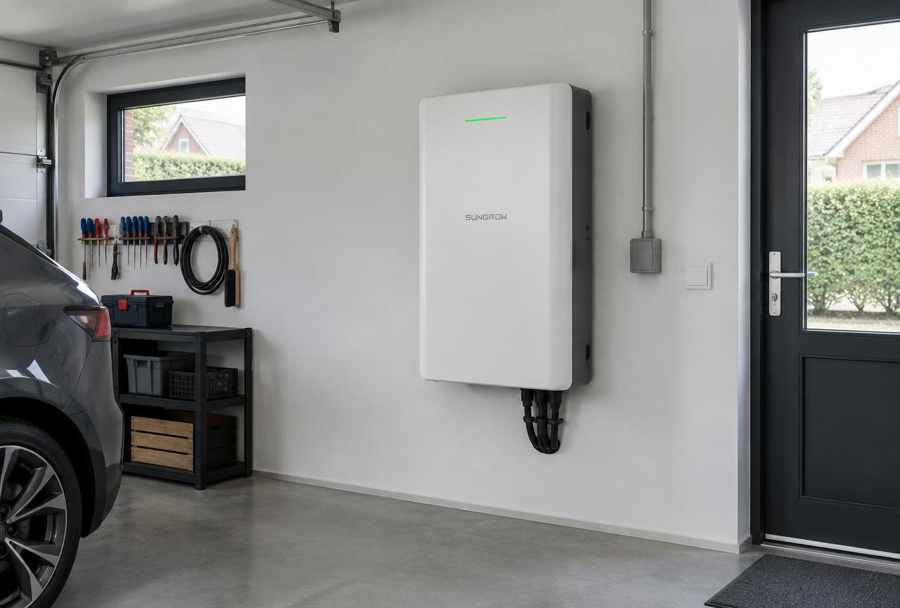 Witte thuisbatterij aan de muur in een moderne garage