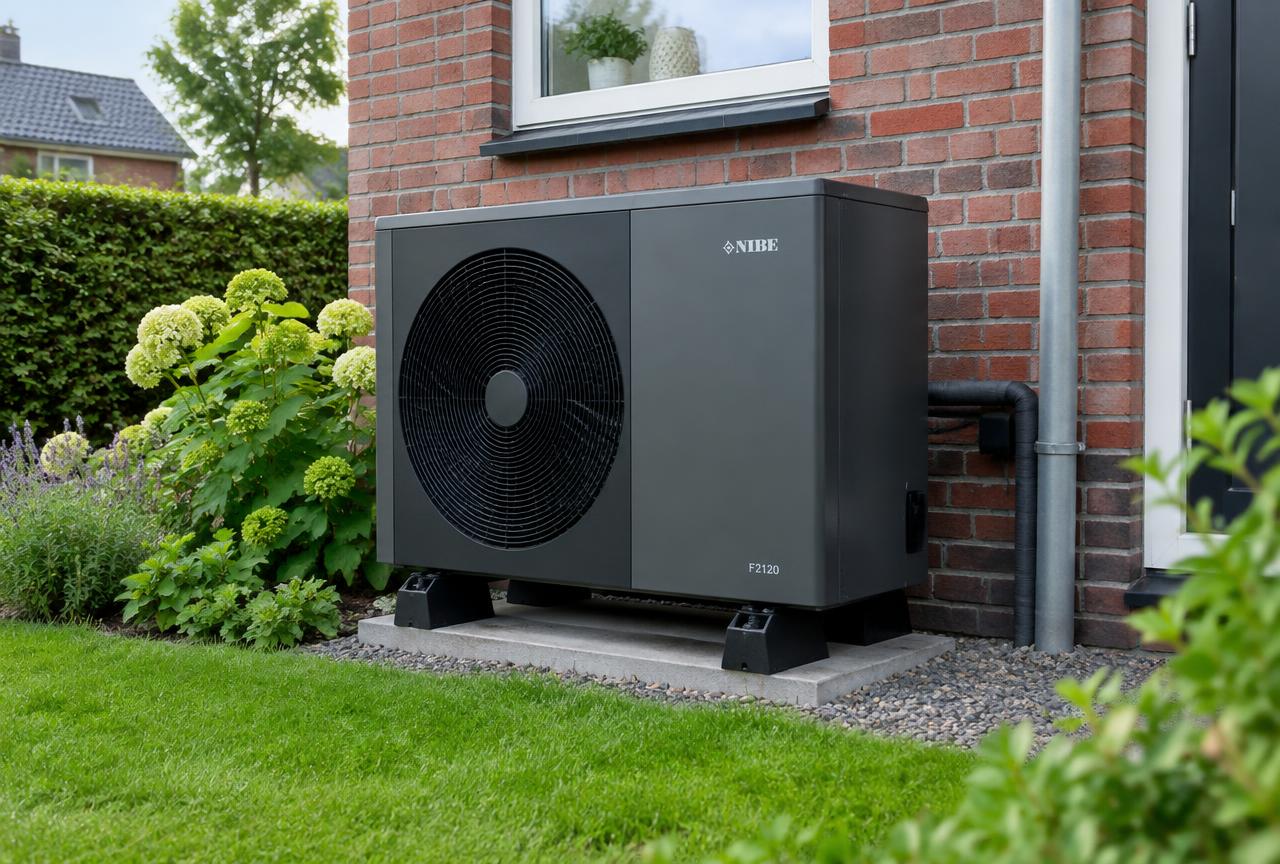 Warmtepomp buitenunit naast een Nederlandse bakstenen woning