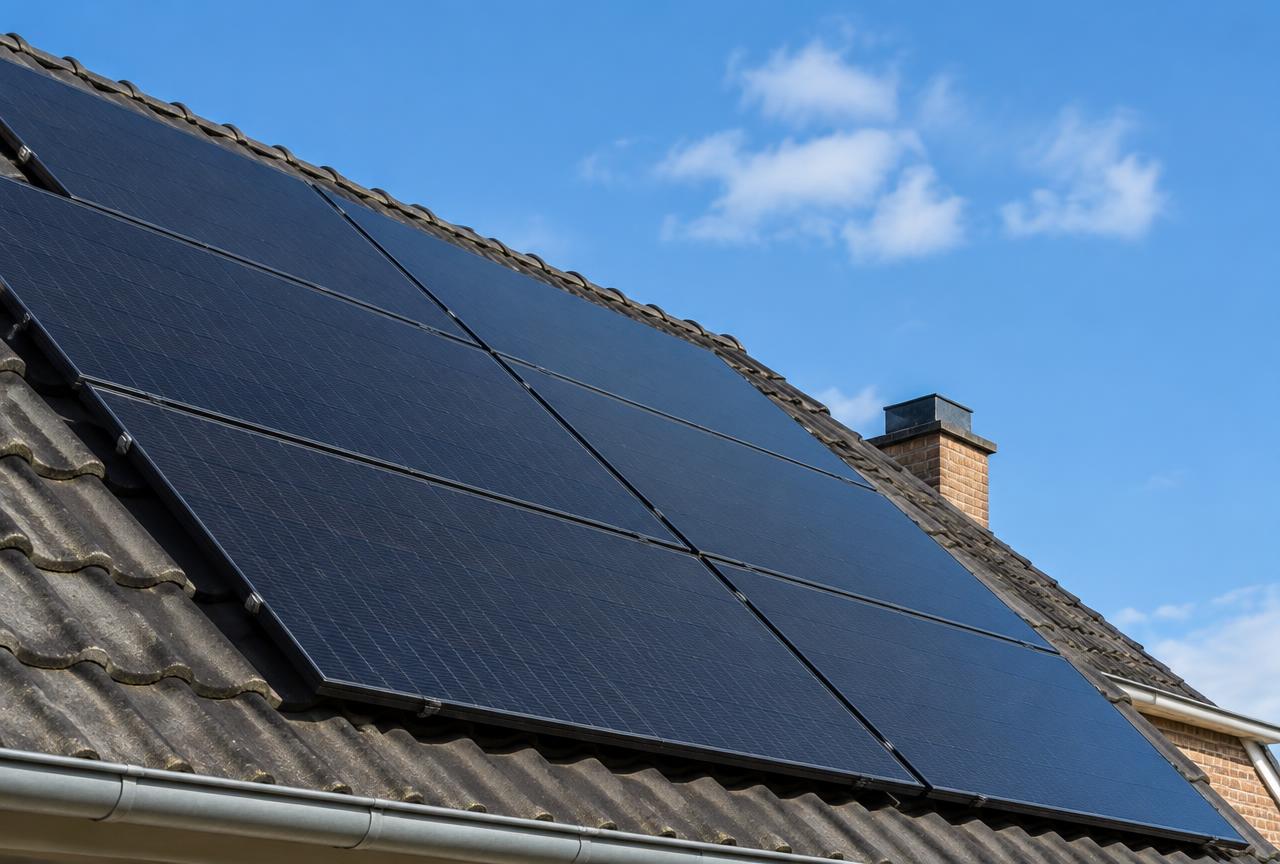 Zwarte zonnepanelen op een pannendak onder een blauwe lucht